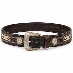 Nocona Size 34 Leather Western Belt Southwest Woven Inlay Silver Tone Conchos